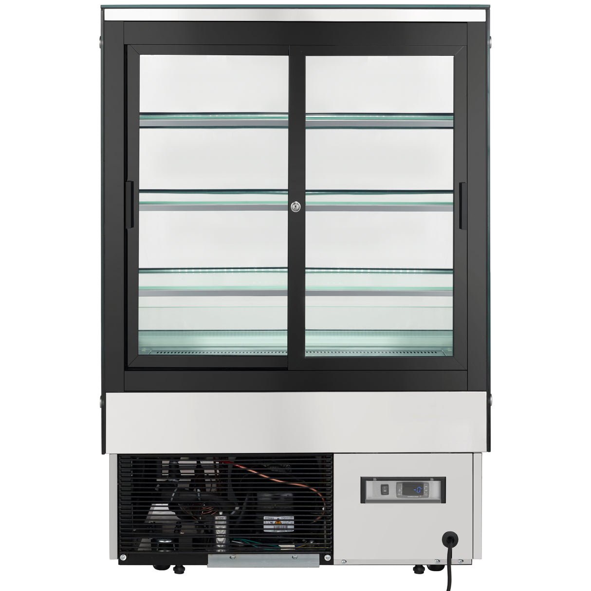 A commercial refrigerated display case with two sliding doors, three glass shelves, energy-efficient LED lighting, and a visible lower compartment housing electrical components and a digital control panel. The exterior is black and silver.