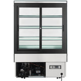 A commercial refrigerated display case with two sliding doors, three glass shelves, energy-efficient LED lighting, and a visible lower compartment housing electrical components and a digital control panel. The exterior is black and silver.