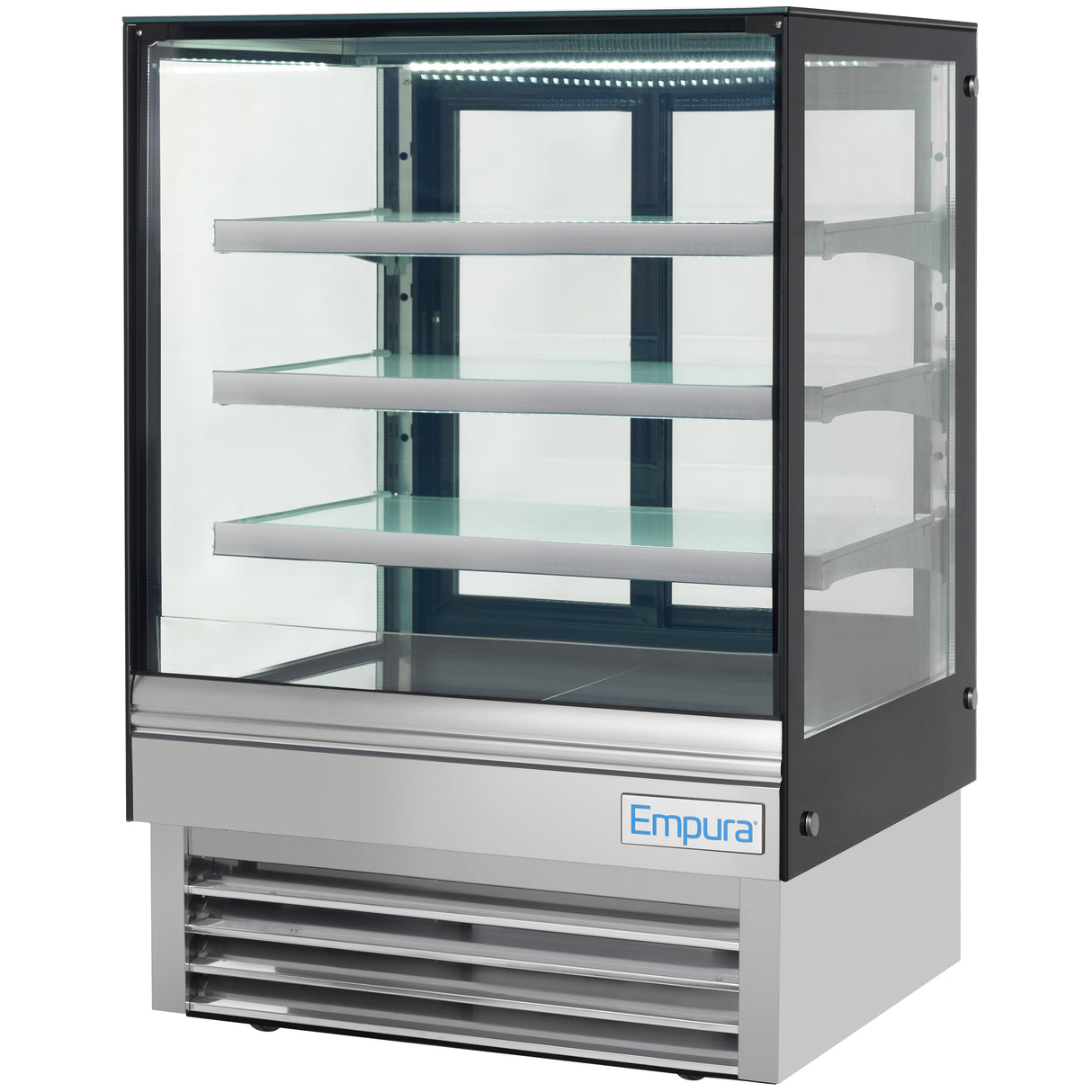 A commercial refrigerated display case with three glass shelves and a stainless steel base. The front, sides, and top are transparent with LED lighting, showcasing the empty interior. The brand name Empura appears on the lower right front panel.