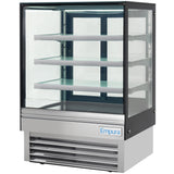 A commercial refrigerated display case with three glass shelves and a stainless steel base. The front, sides, and top are transparent with LED lighting, showcasing the empty interior. The brand name Empura appears on the lower right front panel.