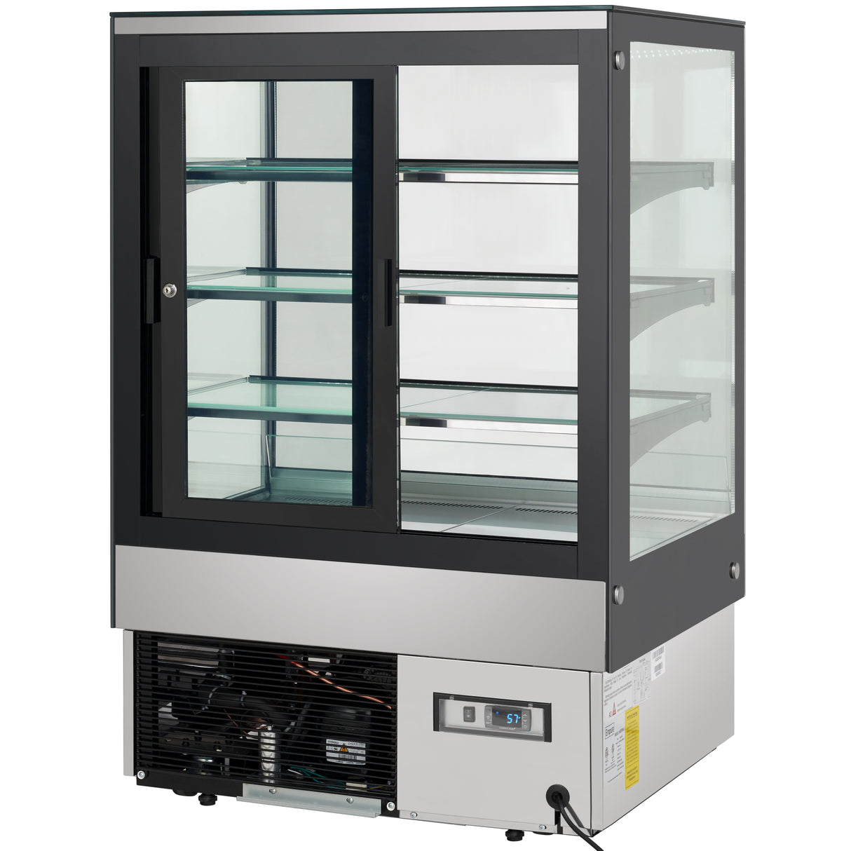 A commercial refrigerated display case with a glass front and sides, three glass shelves inside, LED lighting for enhanced product visibility, sliding glass doors, and a stainless steel base with a visible cooling system and digital temperature display on the front.