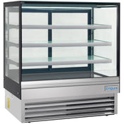 A commercial Empura refrigeration display case featuring a glass front and sides, three clear shelves, a silver metal base with ventilation slats, and the Empura logo. The well-lit interior is empty and ready for use.