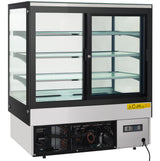 An Empura refrigeration display case with glass sides and front features sliding glass doors at the back, three glass shelves, and a stainless steel base showcasing cooling components. A power cord and small digital control panel are visible at the bottom right.