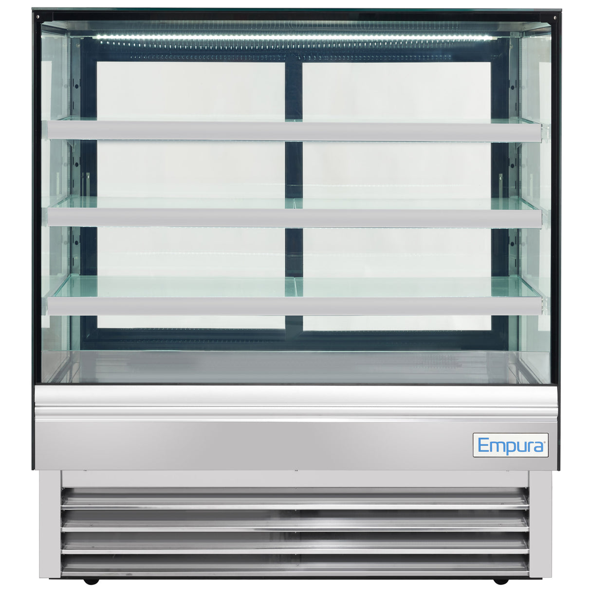 A commercial Empura refrigerated display case with a glass front and sides, three glass shelves, and a stainless steel base. The unit is empty and features the Empura refrigeration logo on the lower right corner of the front panel.