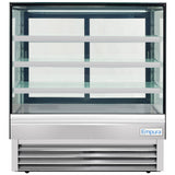 A commercial Empura refrigerated display case with a glass front and sides, three glass shelves, and a stainless steel base. The unit is empty and features the Empura refrigeration logo on the lower right corner of the front panel.