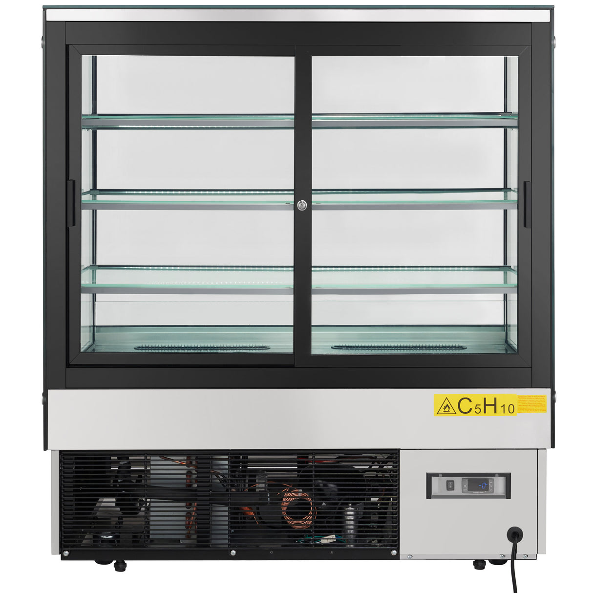 A commercial refrigerated display case with three stainless steel shelves, sliding glass doors, and a visible lower compressor unit. A yellow warning label shows C5H10 on the front, with a digital control panel on the right side of the base.