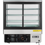 A commercial refrigerated display case with three stainless steel shelves, sliding glass doors, and a visible lower compressor unit. A yellow warning label shows C5H10 on the front, with a digital control panel on the right side of the base.
