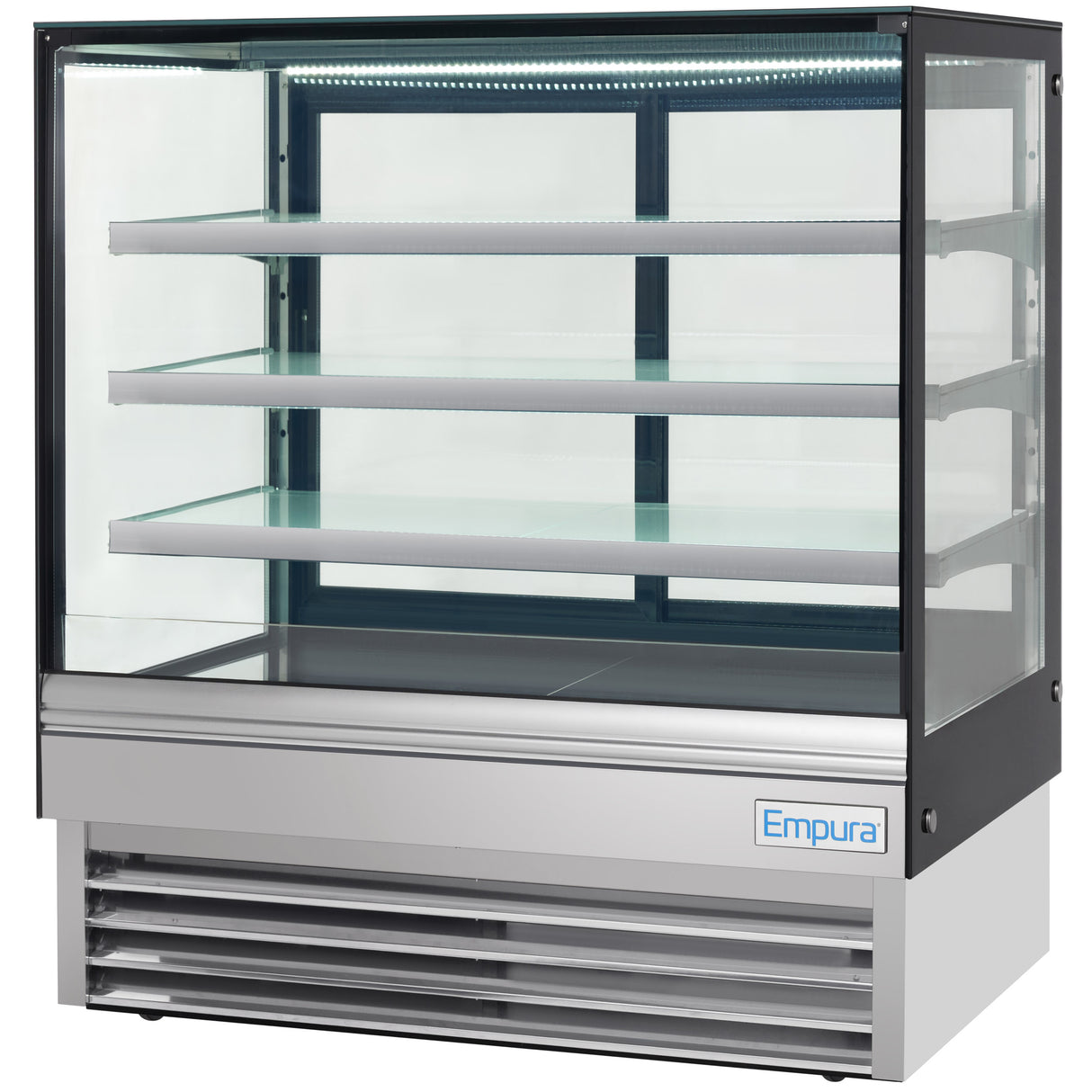 An Empura refrigeration unit with a glass front and sides, three glass shelves, and a stainless steel base. This refrigerated display case is empty, features interior LED lighting, and proudly showcases the Empura brand on the front panel.