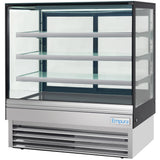 An Empura refrigeration unit with a glass front and sides, three glass shelves, and a stainless steel base. This refrigerated display case is empty, features interior LED lighting, and proudly showcases the Empura brand on the front panel.