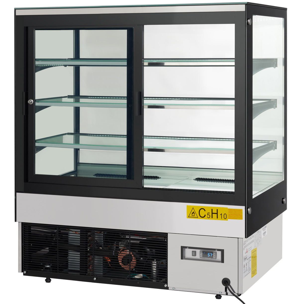A commercial Empura refrigeration display case with glass panels on all sides, three stainless steel shelves, and sliding glass doors at the back. The lower section features a visible cooling unit and a digital temperature display showing -5.7°C.