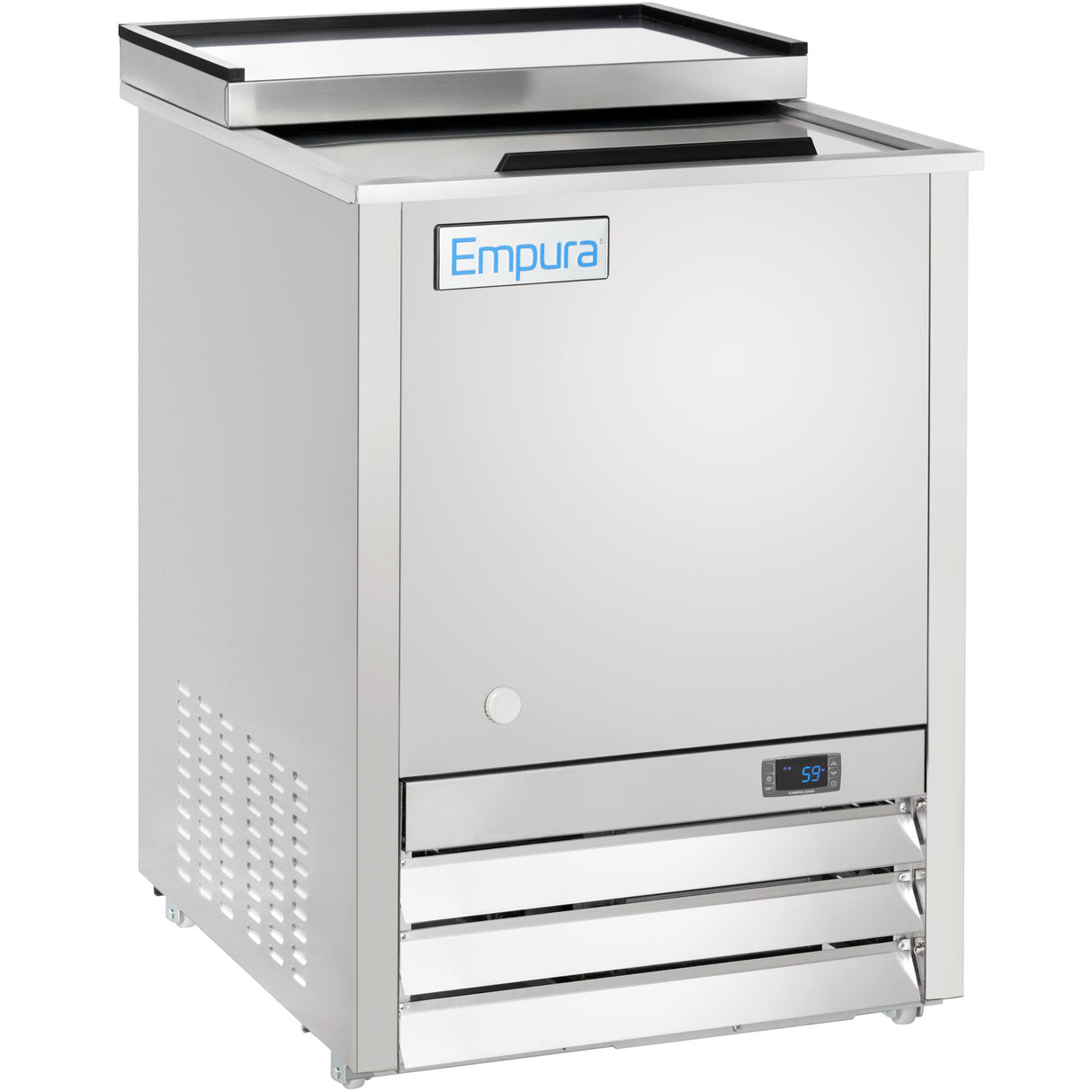 A stainless steel commercial refrigerator from Empura Refrigeration with a flat top, front digital temperature display reading 58°F, dual lower vent panels, and an Empura logo on the upper door. The unit stands on small casters with a black handle on top.
