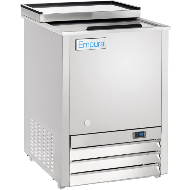 A stainless steel commercial refrigerator from Empura Refrigeration with a flat top, front digital temperature display reading 58°F, dual lower vent panels, and an Empura logo on the upper door. The unit stands on small casters with a black handle on top.