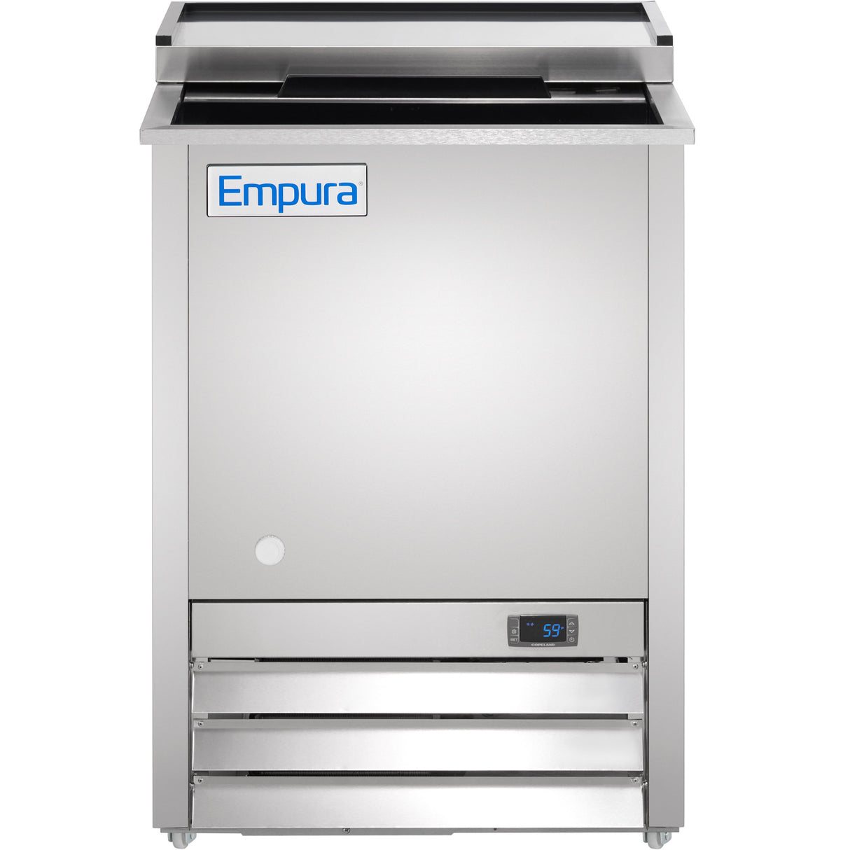 A stainless steel Empura Refrigeration commercial refrigerator features an Empura logo on the upper left, a digital temperature display showing 59°F at the bottom center, three horizontal vent slats, and a smooth front panel with a raised back edge.