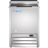 A stainless steel Empura Refrigeration commercial refrigerator with a top prep area, digital temperature display at 59°F, vented lower panels, and a blue Empura logo. It features a clean, industrial design for efficient kitchen use.