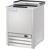 A silver Empura Refrigeration commercial refrigerator with a flat top, front digital temperature display reading 62°F, vented lower panel, and a blue and white Empura logo on the upper left door. The sleek unit sits on wheels with a stainless steel finish.