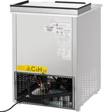 A stainless steel Empura Refrigeration commercial ice maker viewed from the back, showing the exposed cooling unit, ventilation grid, warning labels, specification stickers, and visible power cord—all set against a plain white background.