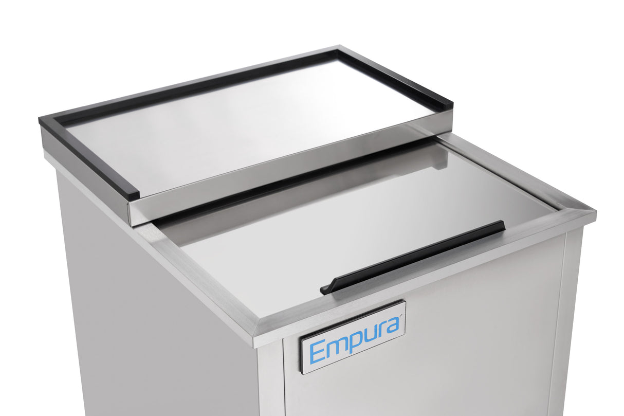A stainless steel commercial cooler from Empura Refrigeration with a sliding lid, black handle, and rectangular frame. The Empura brand name appears on a blue and white label on the front of the unit.