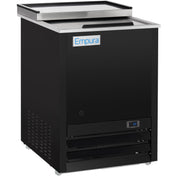 A black Empura Refrigeration commercial bottle cooler with a stainless steel top, sliding lid, digital temperature display reading 59°F, ventilation grilles at the bottom, and a rectangular, sturdy build on small caster wheels.