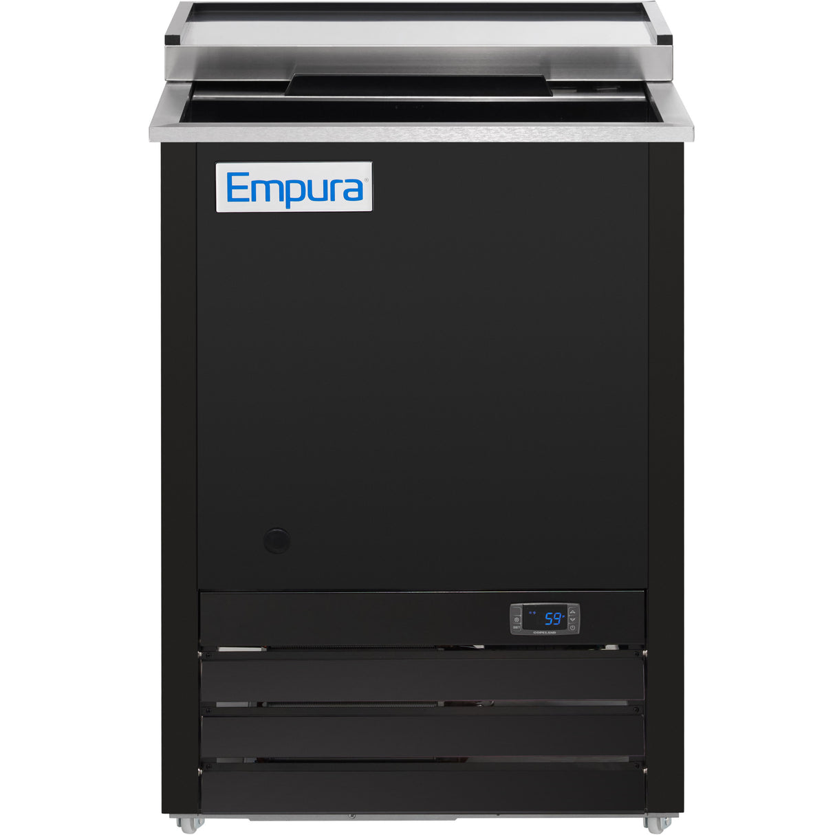 A black Empura Refrigeration prep table with a stainless steel top, digital temperature display showing 59°F, and ventilation grilles at the bottom. The Empura logo is on the upper front panel, and the unit stands on small adjustable legs.