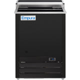 A black Empura Refrigeration prep table with a stainless steel top, digital temperature display showing 59°F, and ventilation grilles at the bottom. The Empura logo is on the upper front panel, and the unit stands on small adjustable legs.
