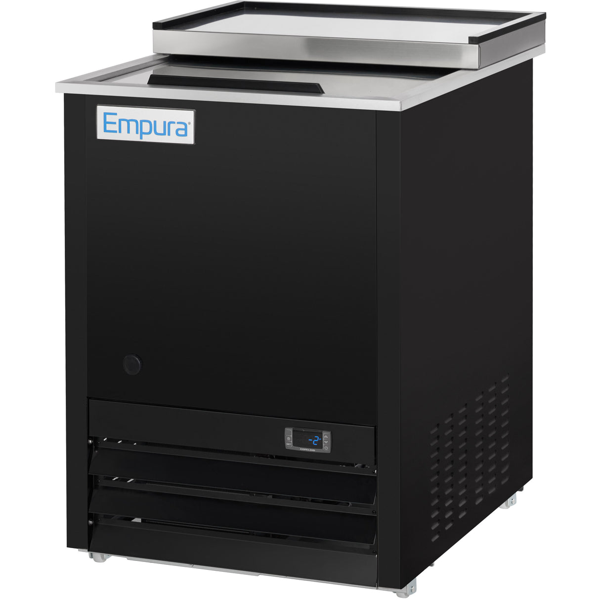 A black Empura Refrigeration commercial beverage cooler with a stainless steel top rim, sliding lid, and Empura logo. Features a digital temperature display at -2°C, front ventilation grilles, and stands on small wheels.
