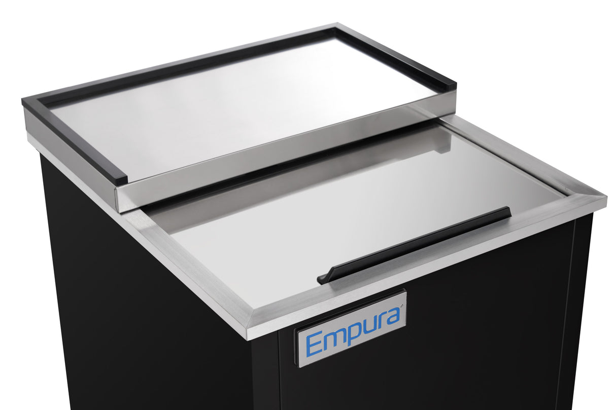 A black commercial ice bin with a rectangular stainless steel sliding lid, partially open. The front features a label with the brand name “Empura Refrigeration” in blue letters. The bin has clean edges and a modern, industrial look.