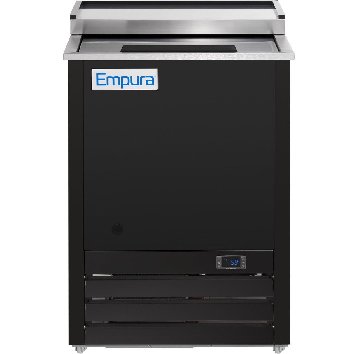 A black Empura-branded commercial refrigerator with a stainless steel top, digital temperature display showing 59°F, forced-air cooling system, vented lower front panel, and rear splash guard. Ideal for kitchens or food service settings.
