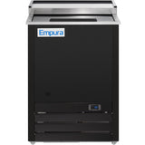 A black Empura-branded commercial refrigerator with a stainless steel top, digital temperature display showing 59°F, forced-air cooling system, vented lower front panel, and rear splash guard. Ideal for kitchens or food service settings.