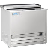 A stainless steel Empura refrigeration commercial bottle cooler features a top sliding lid, digital temperature display, metal label on the front, and bottom right ventilation grilles. Its reflective surface and clean, modern lines highlight premium commercial freezer quality.