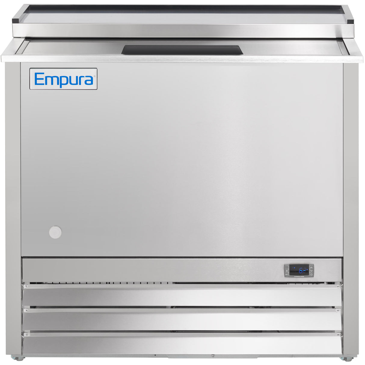 Front view of a stainless steel Empura refrigeration unit with a flat top, lift-up lid, digital temperature display at the lower right, and bottom ventilation grates. The Empura logo appears on the upper left side of this commercial freezer.