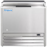 Front view of a stainless steel Empura refrigeration unit with a flat top, lift-up lid, digital temperature display at the lower right, and bottom ventilation grates. The Empura logo appears on the upper left side of this commercial freezer.