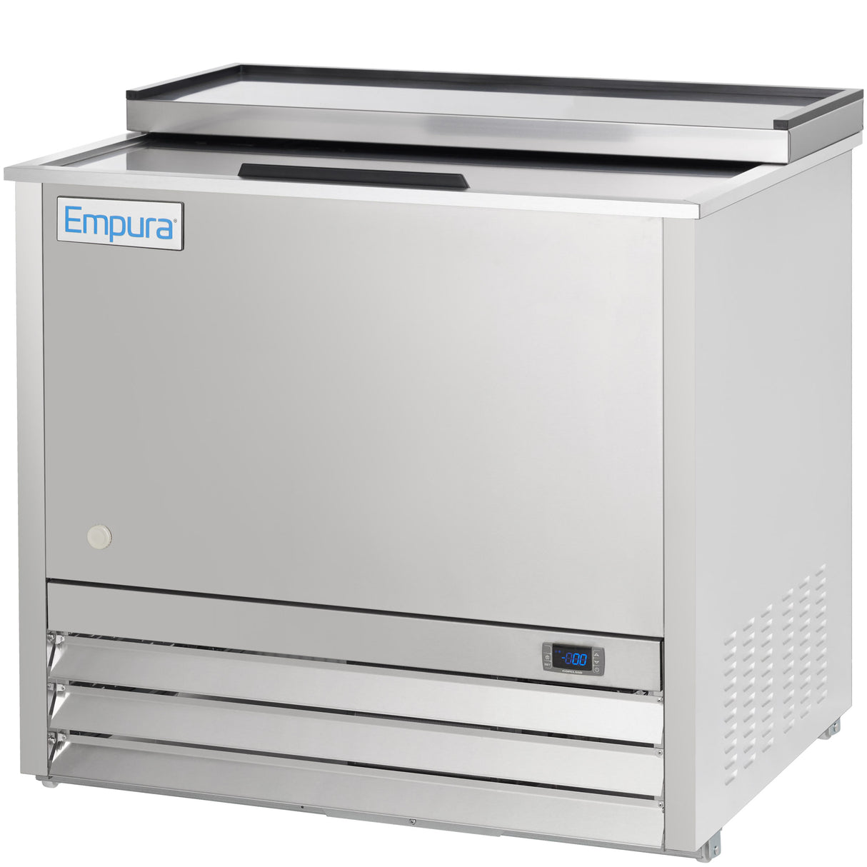 A stainless steel Empura refrigeration bottle cooler with a sliding lid, vented front panel, digital temperature display, and branding on the top left. This compact unit is designed for bar or restaurant use and pairs well with any commercial freezer setup.
