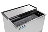 A stainless steel Empura refrigeration ice bin with a sliding lid, partially open to reveal a metal wire rack inside. The front displays a blue Empura logo. The bin has a clean, modern appearance and is designed for storing ice.