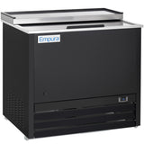 A black Empura Refrigeration commercial bottle cooler with a stainless steel top, sliding lid, and digital temperature display on the lower right front. This unit stands on small wheels and features vent slats at the bottom for efficient cooling.