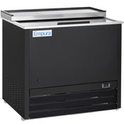 A black Empura Refrigeration commercial bottle cooler with a stainless steel top, sliding lid, and digital temperature display on the lower right front. This unit stands on small wheels and features vent slats at the bottom for efficient cooling.