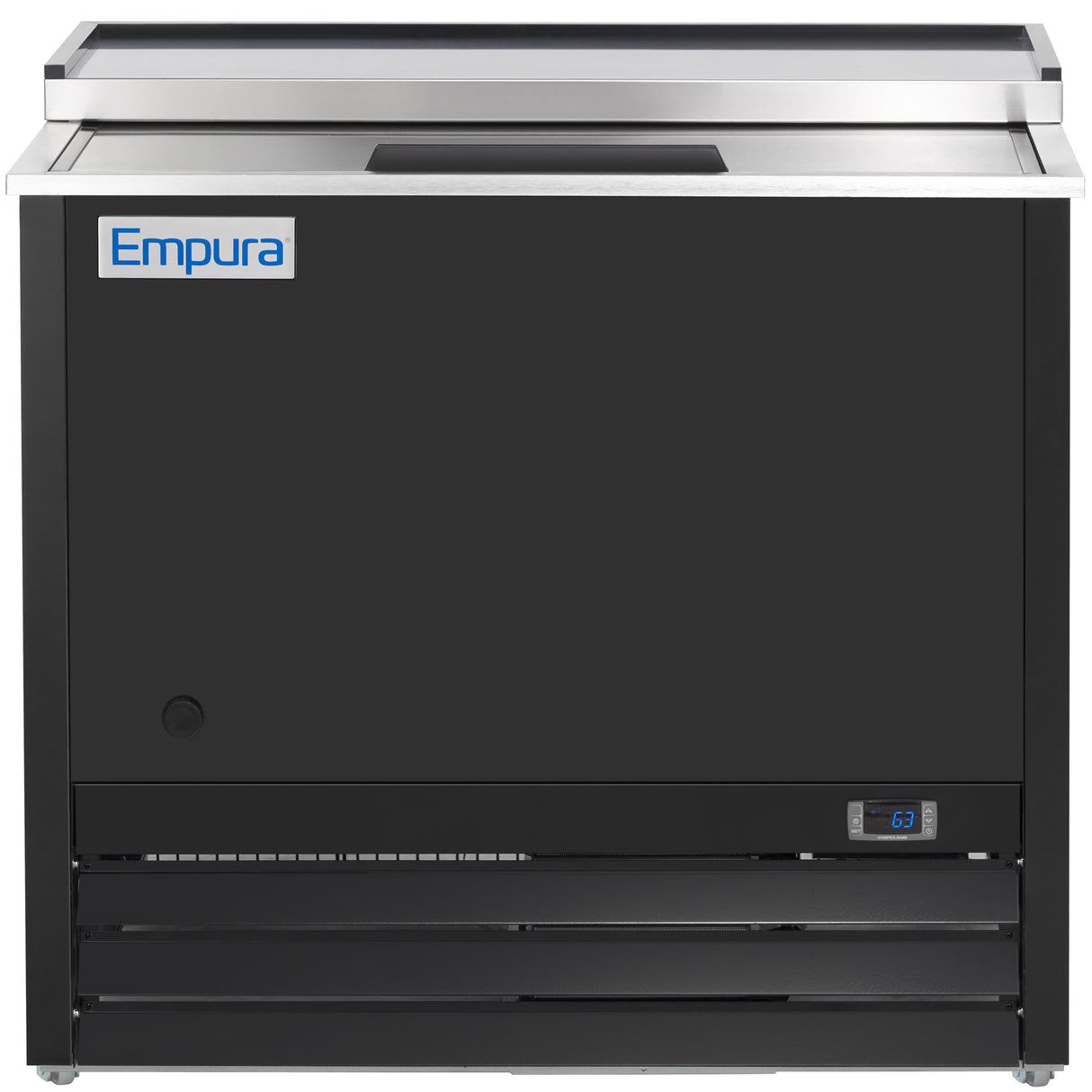A black and stainless steel Empura Refrigeration cooler with a flat top, front panel featuring the Empura logo, small digital temperature display, and vented panels. This Stainless Steel Refrigeration unit is ideal for commercial use.