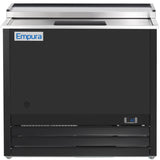 A black and stainless steel Empura Refrigeration cooler with a flat top, front panel featuring the Empura logo, small digital temperature display, and vented panels. This Stainless Steel Refrigeration unit is ideal for commercial use.