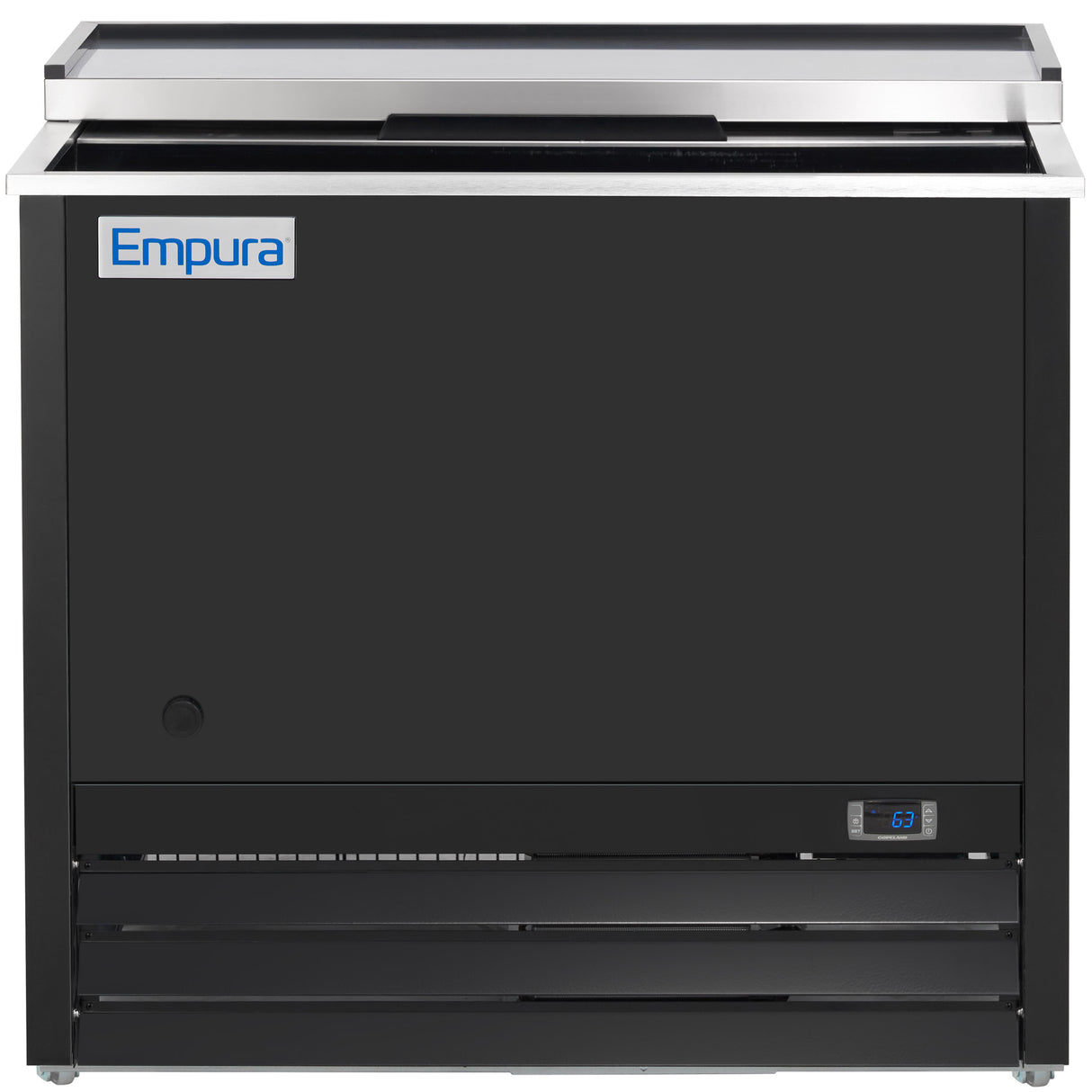 A black commercial beverage cooler with a stainless steel top, labeled “Empura.” This Empura Refrigeration unit features a sliding lid, digital temperature display, and vented panel below—perfect for efficiently storing drinks or chilling Glass Fosters.