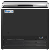 A black commercial beverage cooler with a stainless steel top, labeled “Empura.” This Empura Refrigeration unit features a sliding lid, digital temperature display, and vented panel below—perfect for efficiently storing drinks or chilling Glass Fosters.