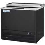 A commercial black and stainless steel Empura Refrigeration bottle cooler with a flat top, sliding lid, and digital temperature display at the bottom right. Air vents and the Empura logo are visible on the front. Ideal for beverage storage.