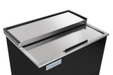 A close-up of a sleek stainless steel Empura Refrigeration commercial cooler with a sliding top lid and rectangular handle. The black unit, featuring the “Empura” label, showcases modern Stainless Steel Refrigeration against a white background.