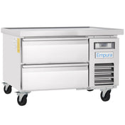 A stainless steel refrigeration prep table on four caster wheels, featuring two wide pull-out drawers, a digital temperature display, a vented panel, and the Empura Refrigeration brand on the right. The flat surface is ideal for food prep tasks.