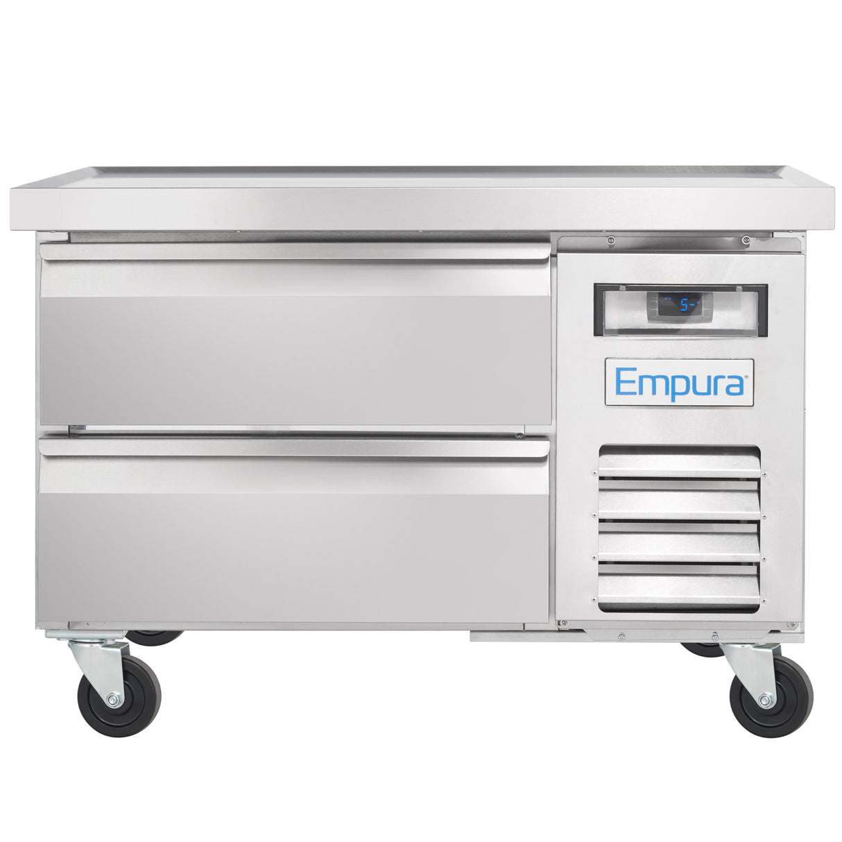 The Empura Refrigeration stainless steel commercial refrigerator features two pull-out drawers, a digital temperature display at 5°F, a vented lower right section, four caster wheels for mobility, and doubles as a refrigerated equipment stand.