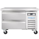The Empura Refrigeration stainless steel commercial refrigerator features two pull-out drawers, a digital temperature display at 5°F, a vented lower right section, four caster wheels for mobility, and doubles as a refrigerated equipment stand.