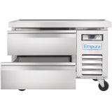 A stainless steel Empura Refrigeration unit features two open drawers, a digital temperature display, vents, and a logo on the front. This refrigerated equipment stand has wheels for mobility and a flat top surface.