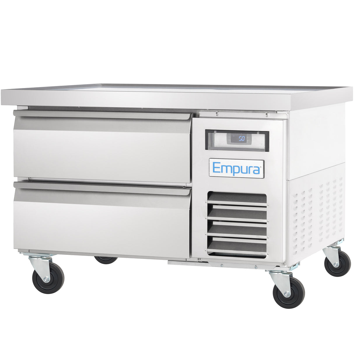 The Empura Refrigeration stainless steel refrigerated worktop features two wide drawers, ventilation grilles, a digital “50” display, and the Empura brand logo—all set on four caster wheels as a versatile Refrigerated Equipment Stand.