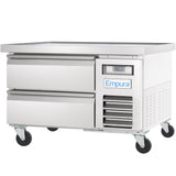The Empura Refrigeration stainless steel refrigerated worktop features two wide drawers, ventilation grilles, a digital “50” display, and the Empura brand logo—all set on four caster wheels as a versatile Refrigerated Equipment Stand.