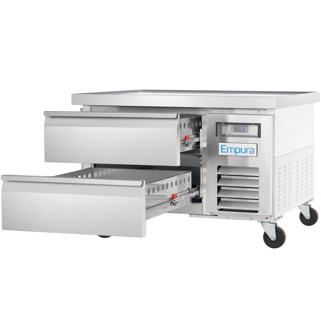 A stainless steel Empura Refrigeration commercial refrigerator on wheels with two large open drawers on the left and a vented cooling unit with digital display on the right. This sturdy refrigerated equipment stand has a solid top and is shown on a white background.