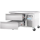 A stainless steel Empura Refrigeration commercial refrigerator on wheels with two large open drawers on the left and a vented cooling unit with digital display on the right. This sturdy refrigerated equipment stand has a solid top and is shown on a white background.