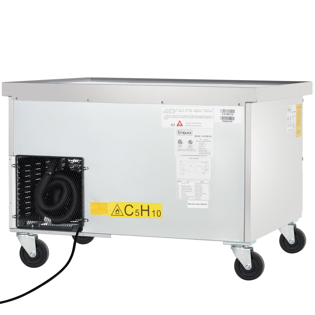 A large, rectangular, silver Empura Refrigeration industrial machine on four black caster wheels with a vent and power cord on the left side. This stainless steel refrigeration unit features various labels, including a yellow flammable gas (C5H10) warning sign on the front.